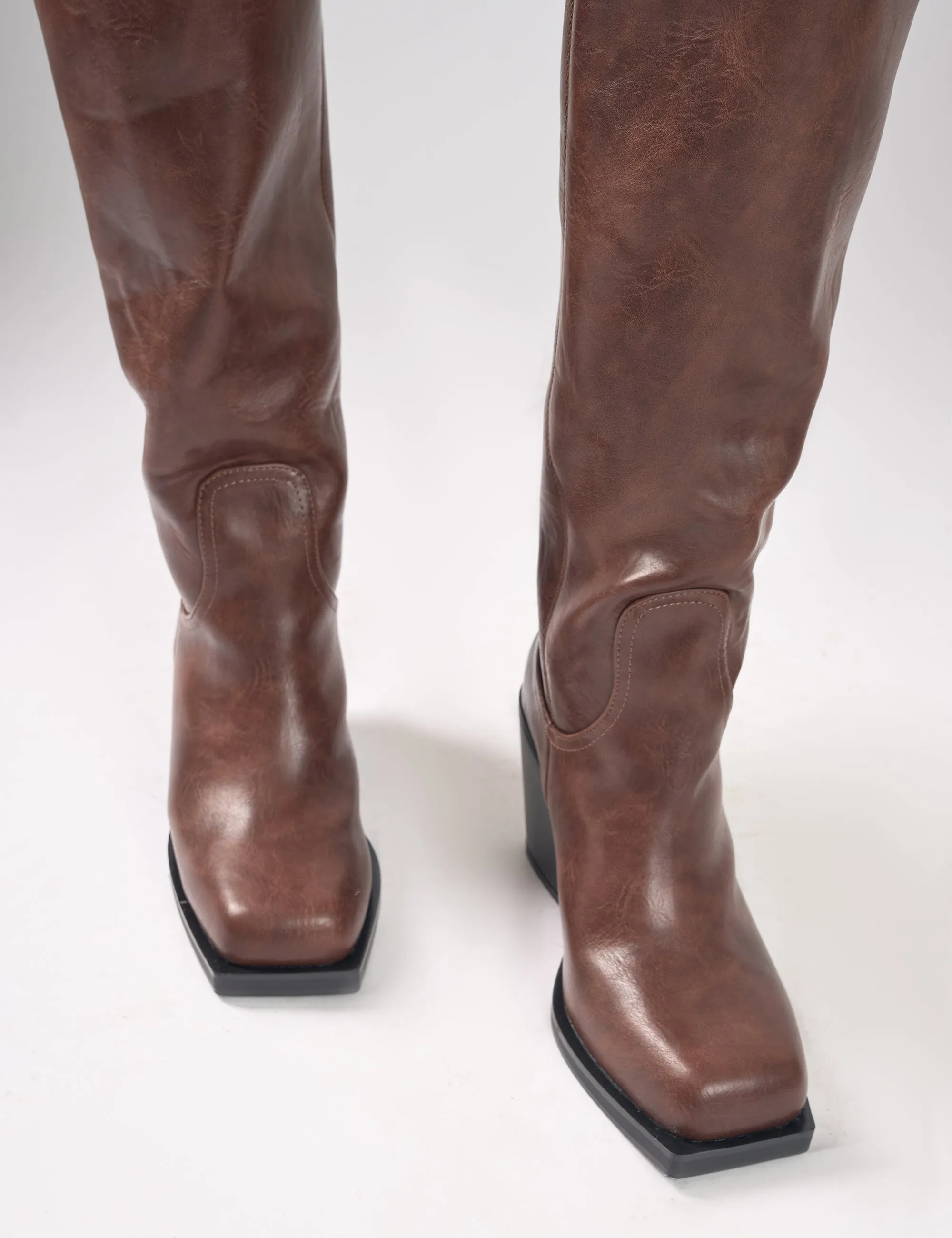 Colden Vintage Brown Fur Trim Block Heel Knee High Boots Slacker Knee High Boots