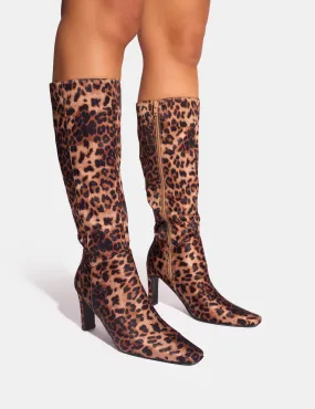 Wide Leg Suede Knee High Boots Pose Leopard Zip Up Knee High Slim Block Heeled Boots