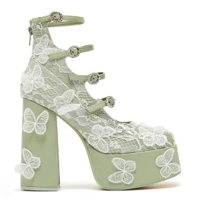 Size 8.5 Mary Jane Shoes Wild Lotus Butterfly Lace Platform Heels - Green