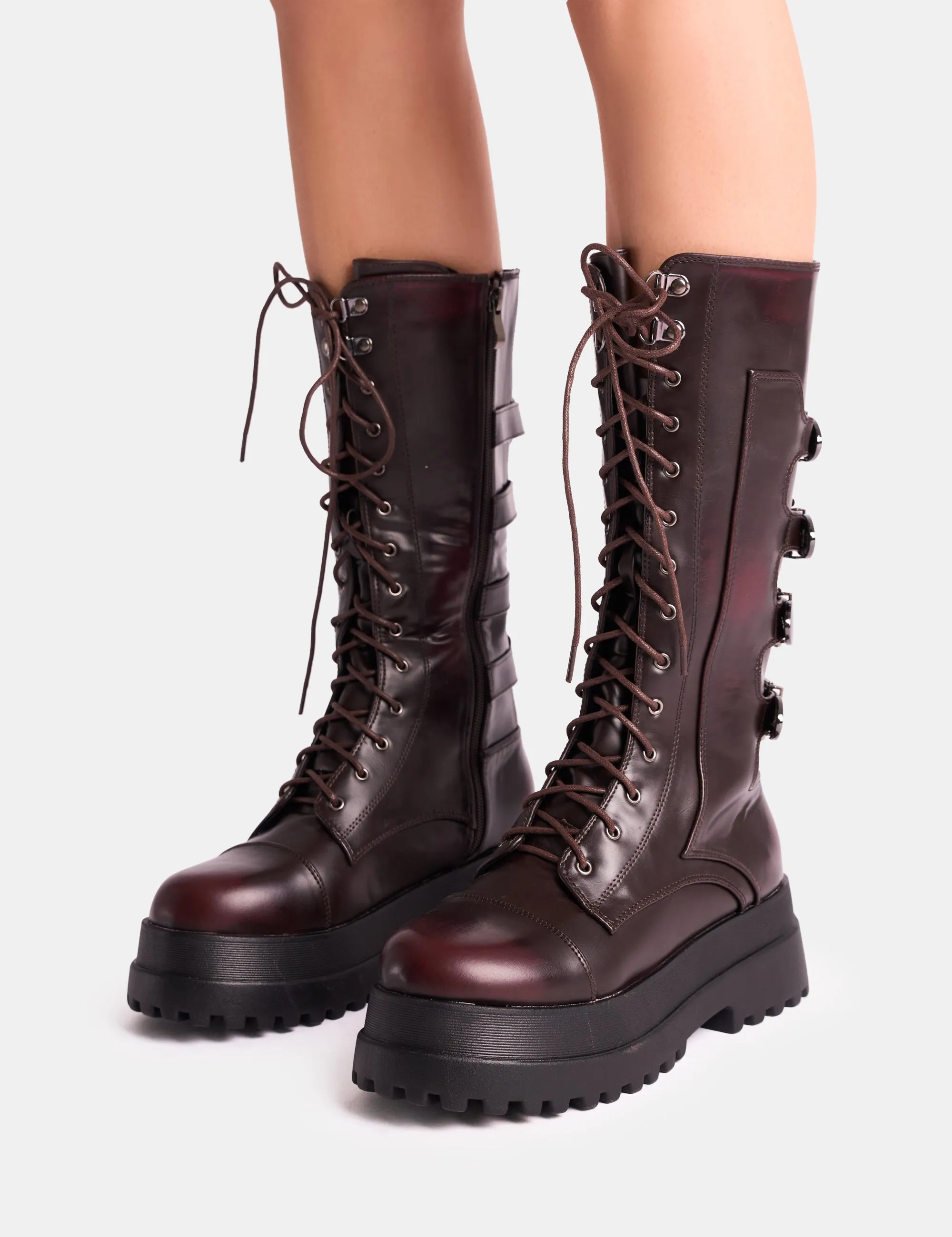 Vex Burgundy Multi Buckle Detail Lace Up Knee High Boots Discount Knee High Boots