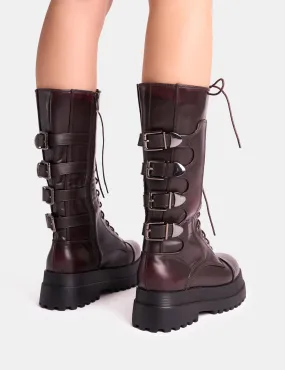 Vex Burgundy Multi Buckle Detail Lace Up Knee High Boots Suede High Heel Knee High Boots