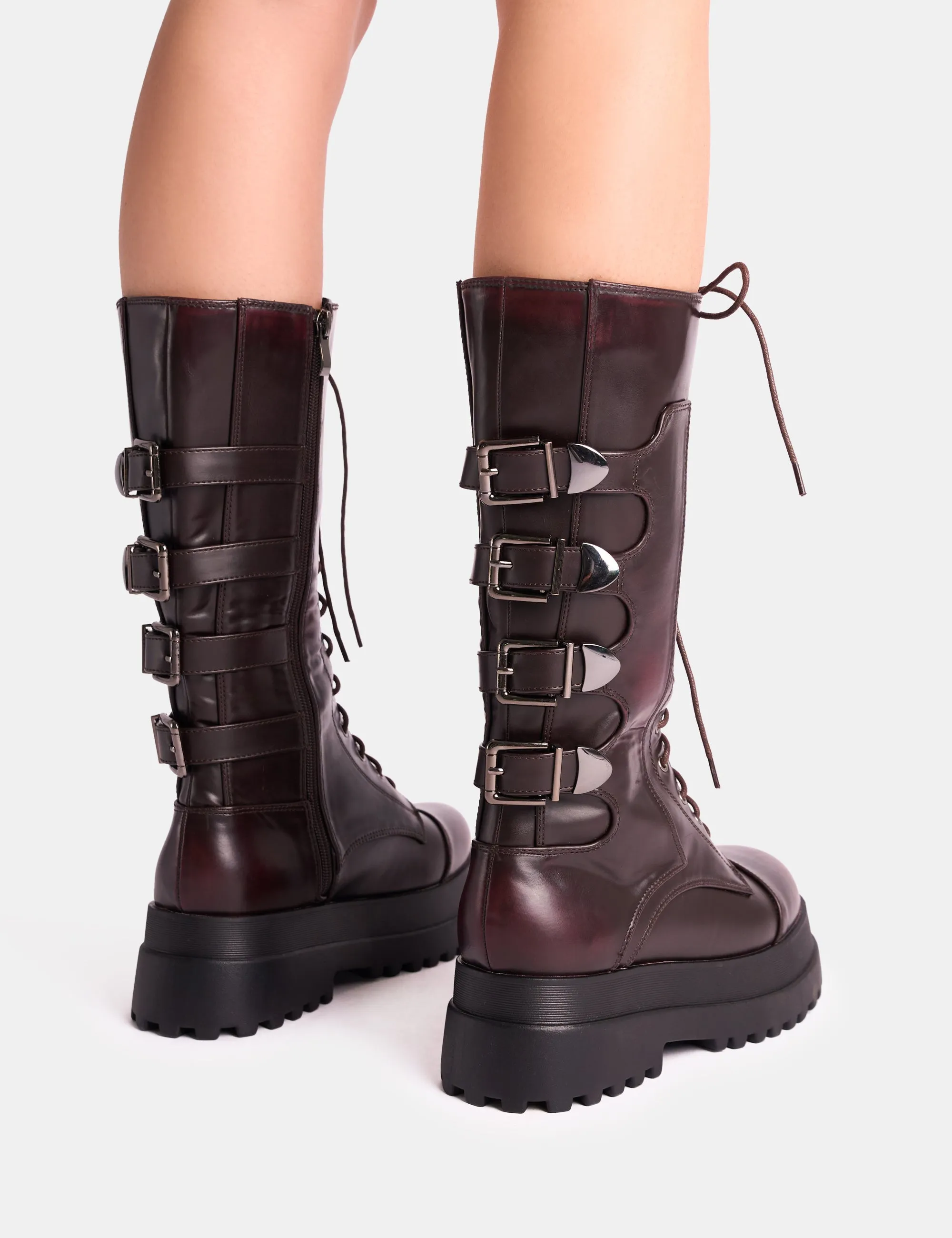 Vex Burgundy Multi Buckle Detail Lace Up Knee High Boots Knee High Snow Boots