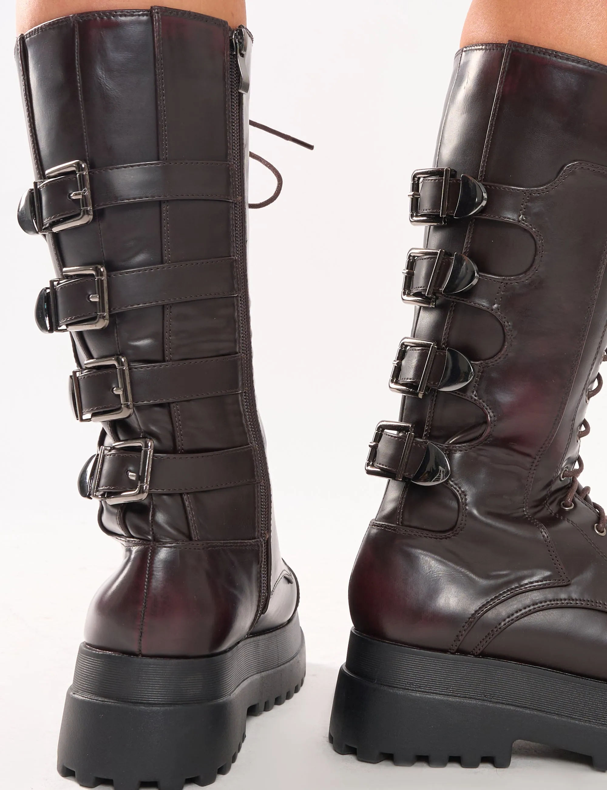 Vex Burgundy Multi Buckle Detail Lace Up Knee High Boots Myer Knee High Boots