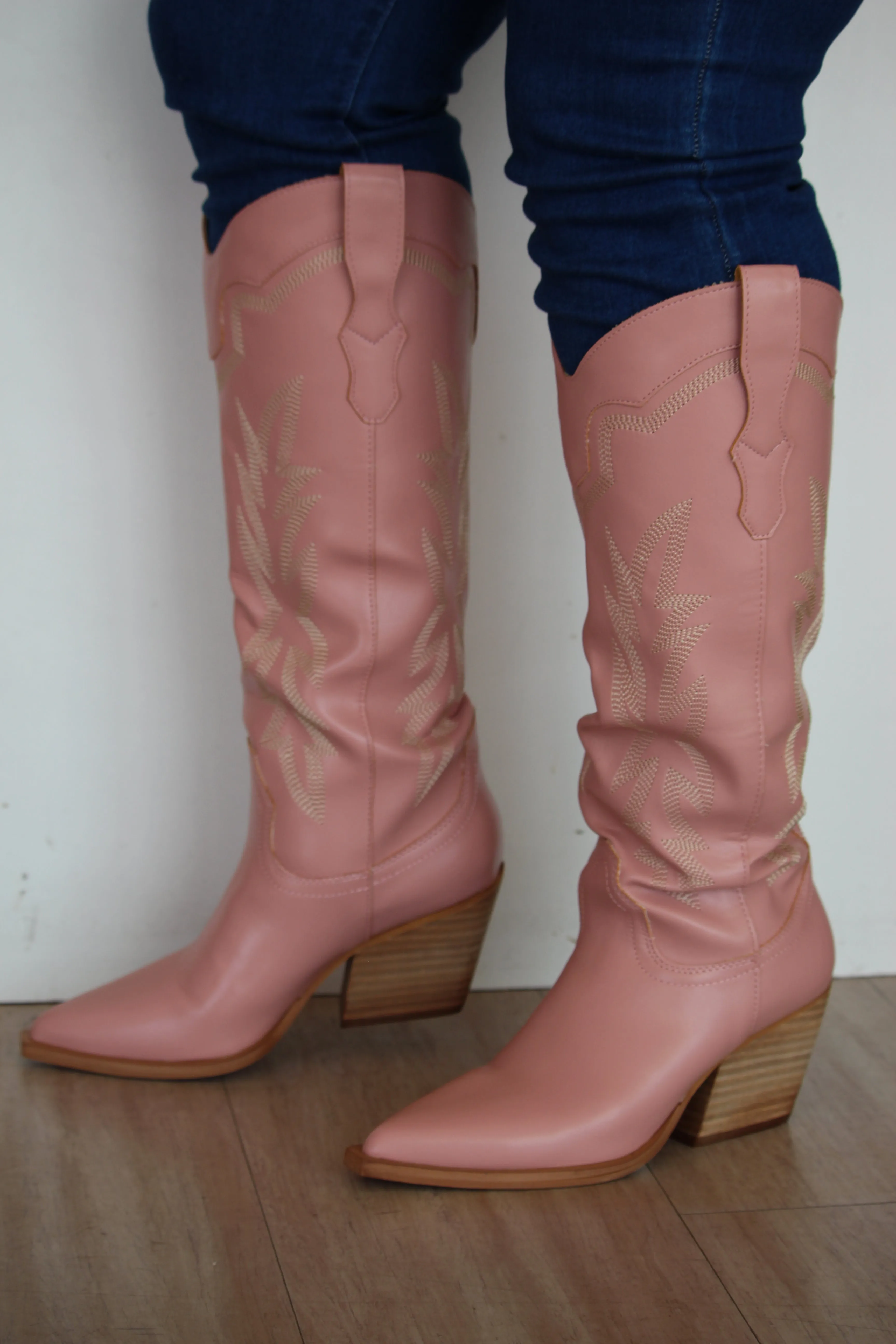 INDIGO Pink Cowboy Boot Narrow Calf Leather Boots