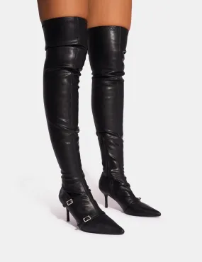 Roulette Black Pointed Toe Diamante Buckle Mid Heel Over The Knee Sock Boots Best High Knee Boots