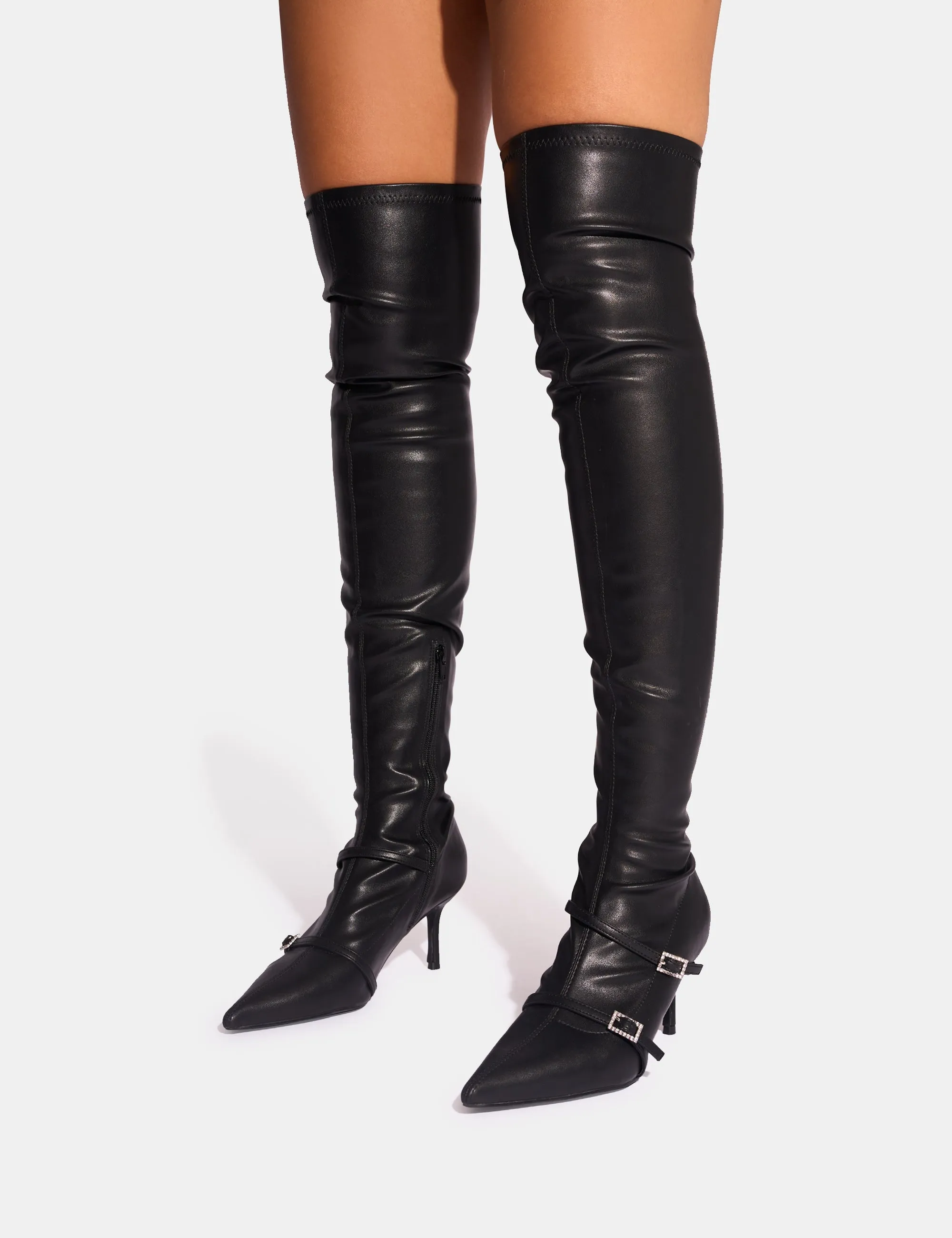 Roulette Black Pointed Toe Diamante Buckle Mid Heel Over The Knee Sock Boots Spiked Knee High Boots