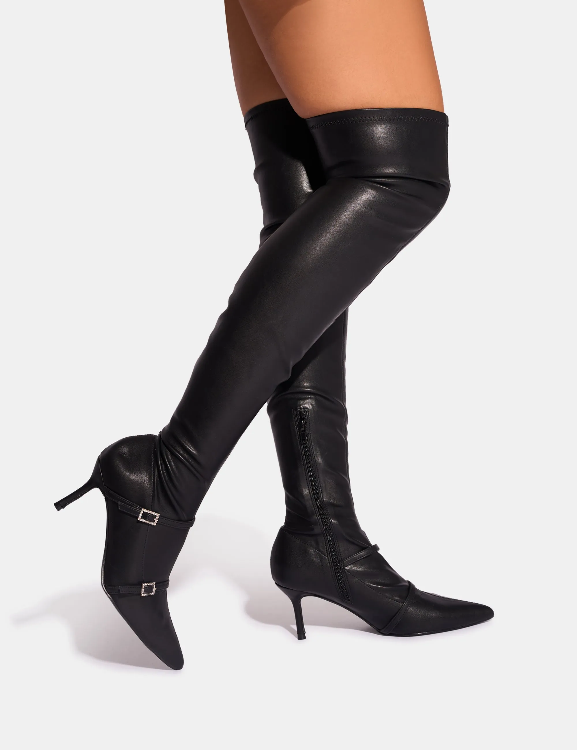 Over The Knee High Cowboy Boots Roulette Black Pointed Toe Diamante Buckle Mid Heel Over The Knee Sock Boots