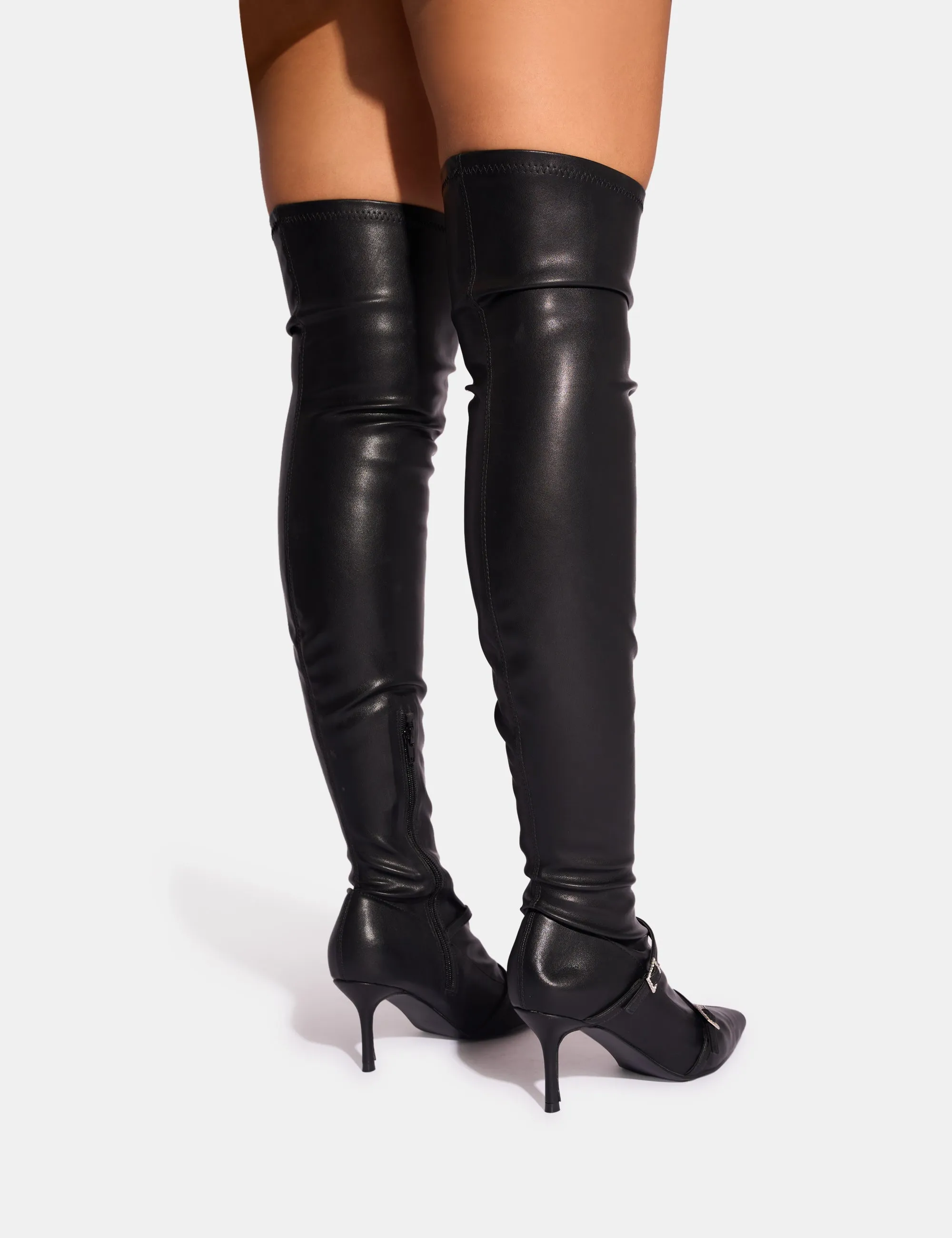 Burgundy Knee High Boots Roulette Black Pointed Toe Diamante Buckle Mid Heel Over The Knee Sock Boots