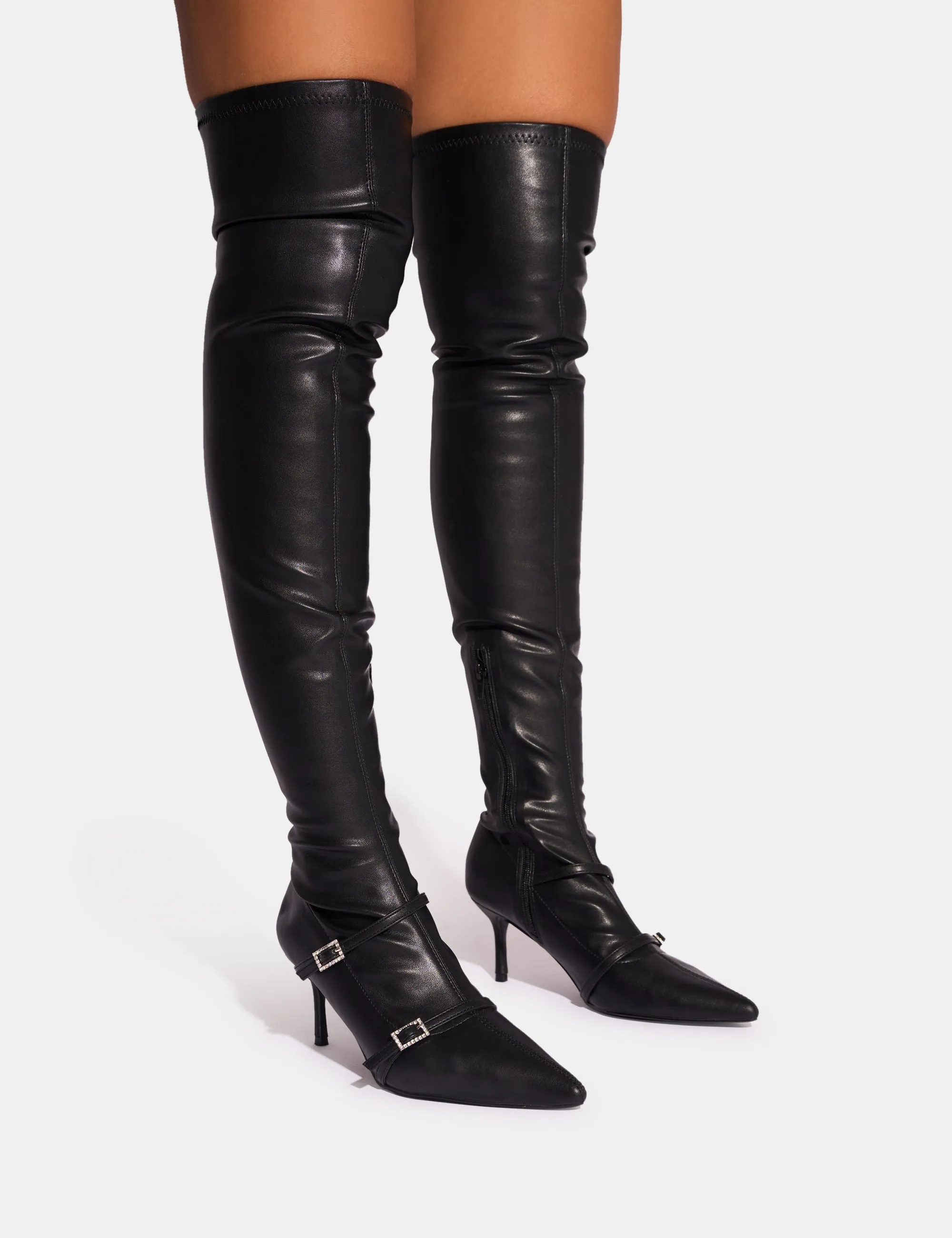 Oxford Knee High Boots Roulette Black Pointed Toe Diamante Buckle Mid Heel Over The Knee Sock Boots