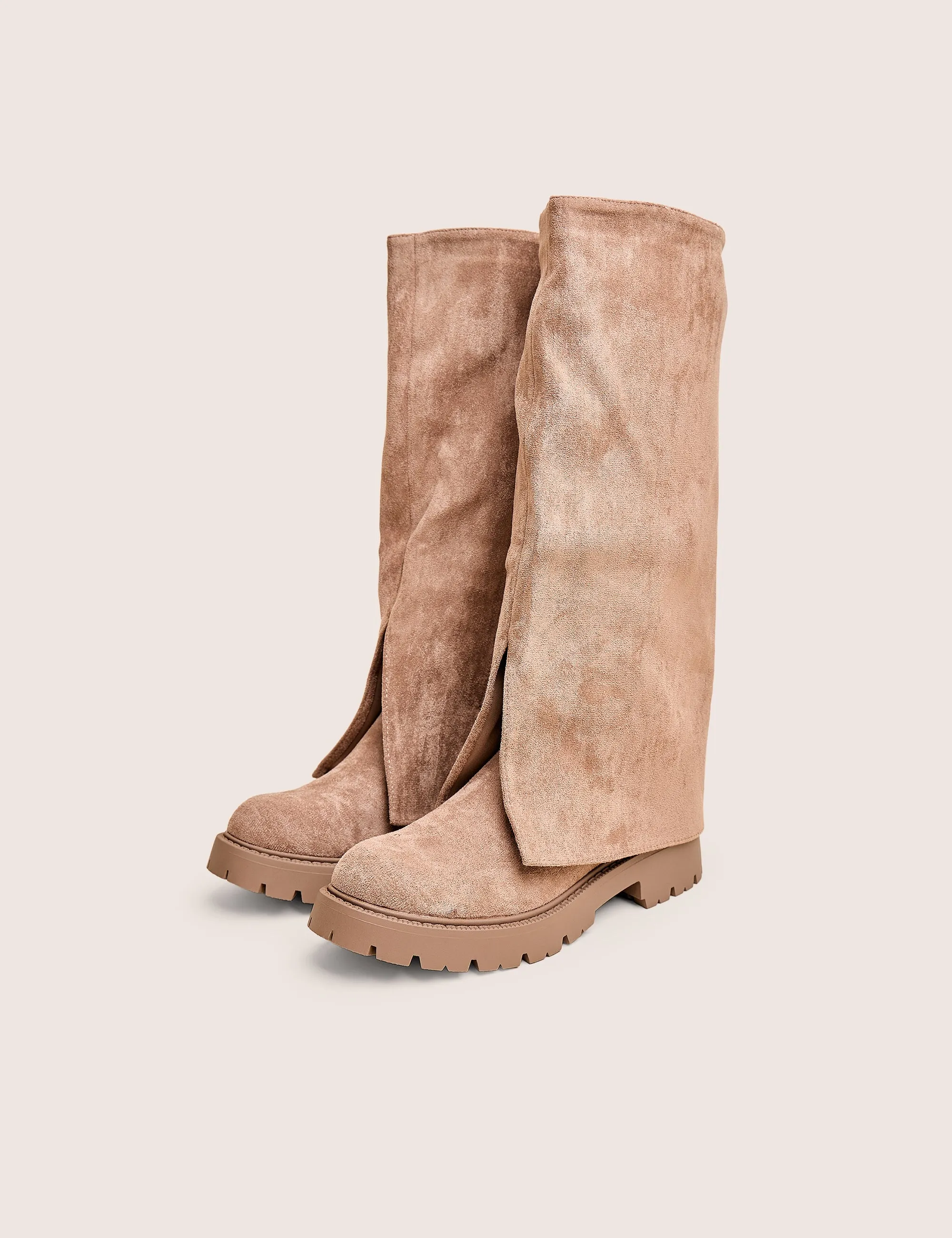 Dusty Beige Chunky Sole Faux Suede Fold Over Boots Clover Knee High Boots