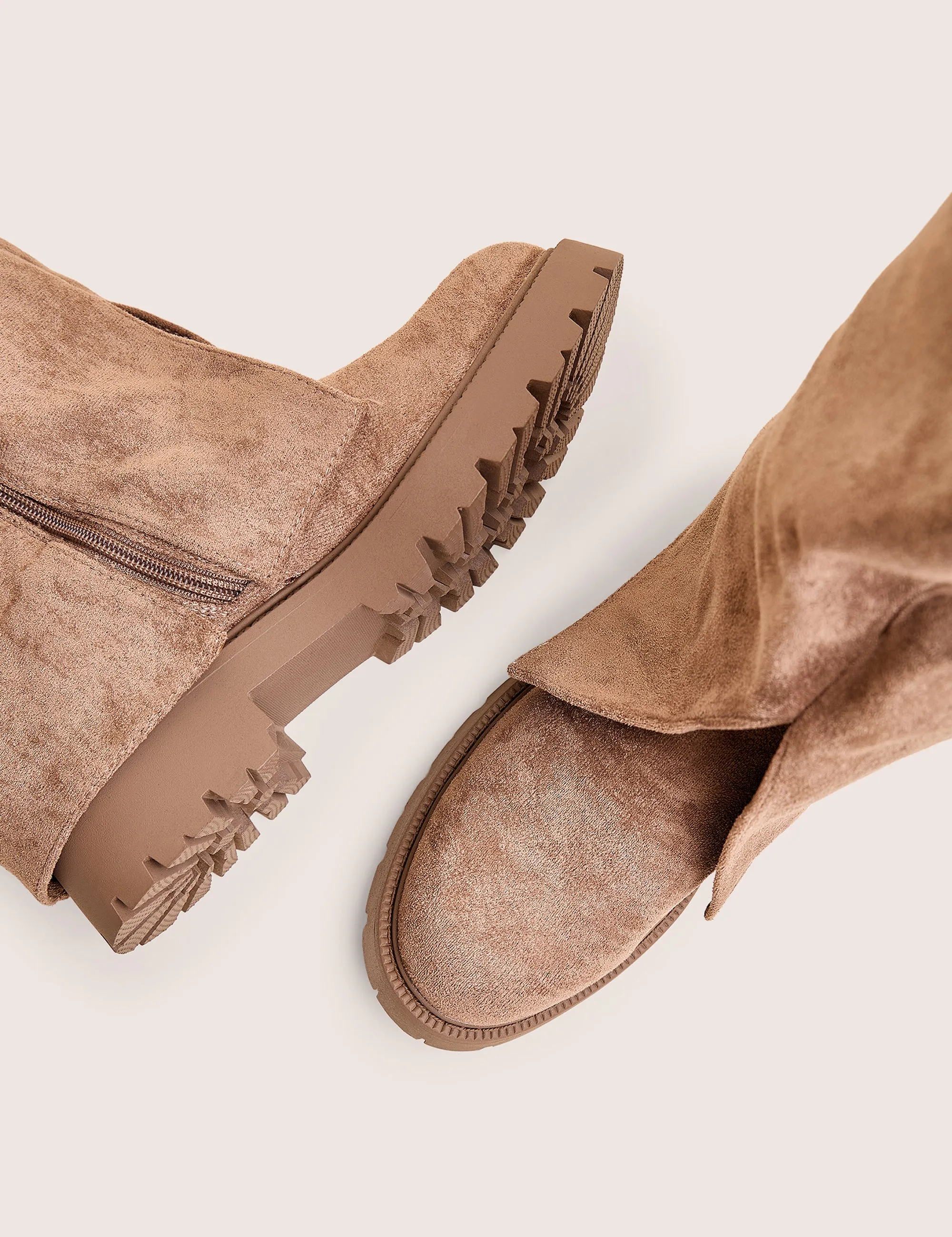 Dusty Beige Chunky Sole Faux Suede Fold Over Boots Cilli Square-toe Knee-high Dress Boots