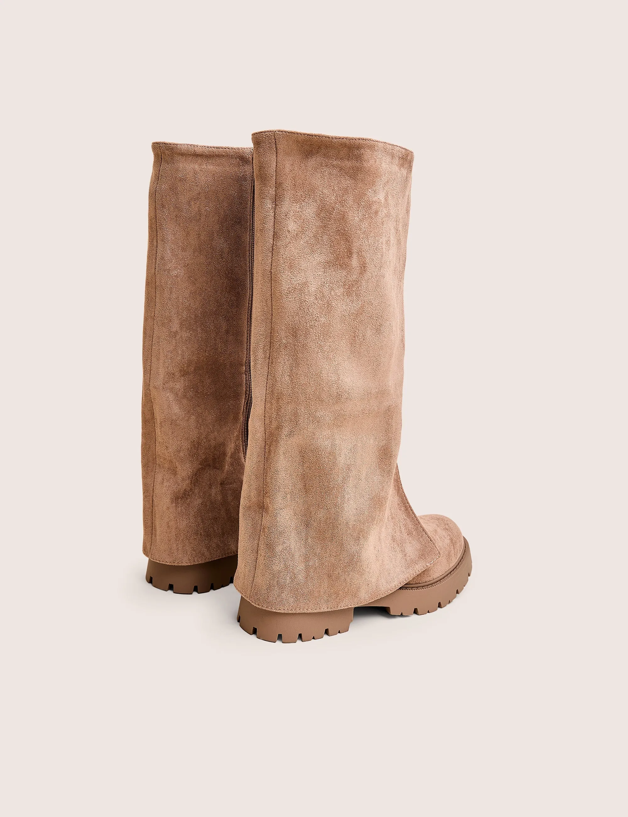 Dusty Beige Chunky Sole Faux Suede Fold Over Boots Suede Stretch Knee High Boots