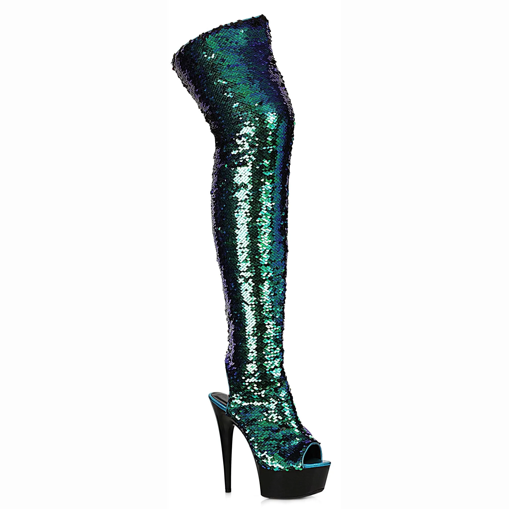 7" Peeptoe Thigh High Sequined Boots (ES709-RUBY) High Arches Heels