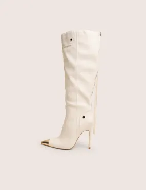 Finest White Toe Cap Detail Pointed Knee High Boots Peep Toe Leather Knee High Boots