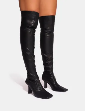 Electra Black Square Toe Mid Heeled Over The Knee Boots Gemstone Embellished Knee High Boot