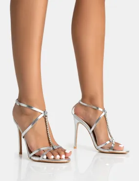 High Block Heel Sandals Beau Silver Pu Diamante Strappy Round Toe Stilettos Heels
