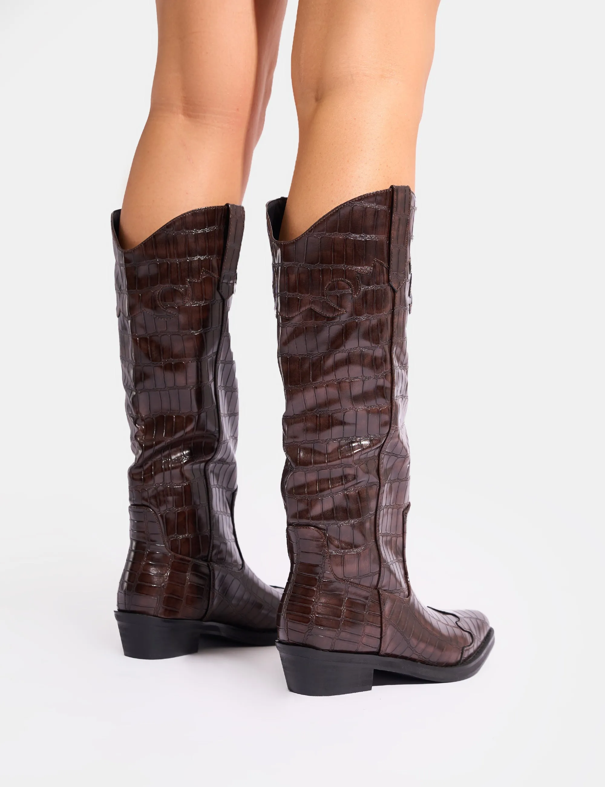 Chunky Platform Knee High Boots Apollo Brown Croc Wide Fit Flat Western Knee High Boots