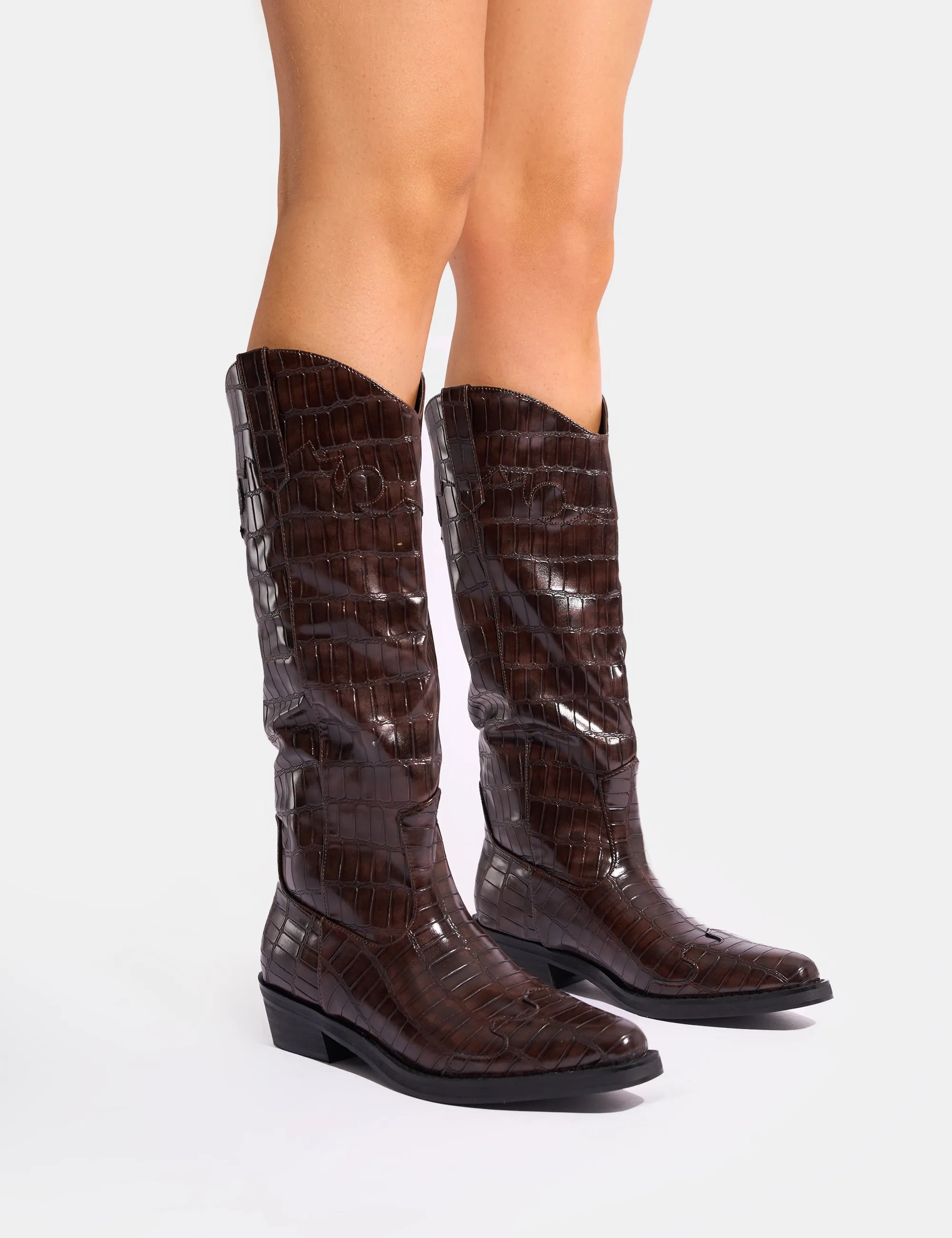 Lace Up Knee High Boots Flat Apollo Brown Croc Wide Fit Flat Western Knee High Boots