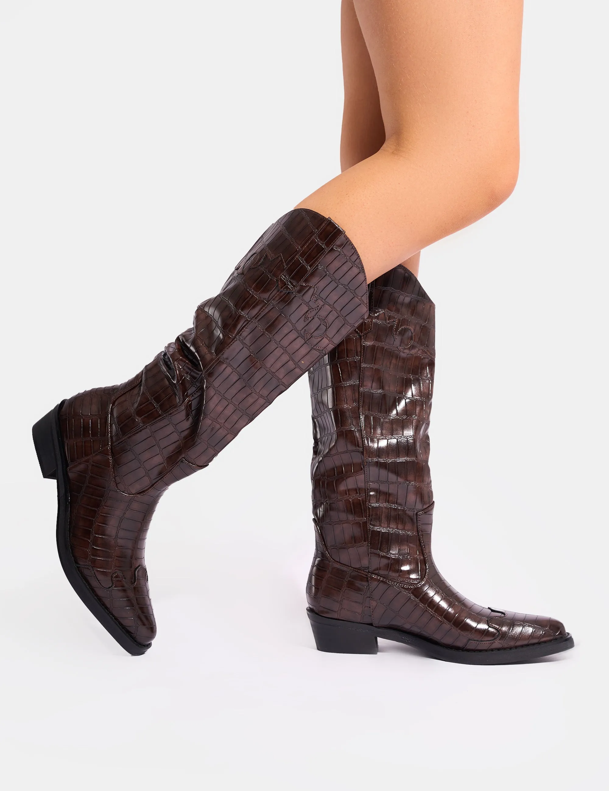 Apollo Brown Croc Wide Fit Flat Western Knee High Boots Vintage Style Knee High Boots