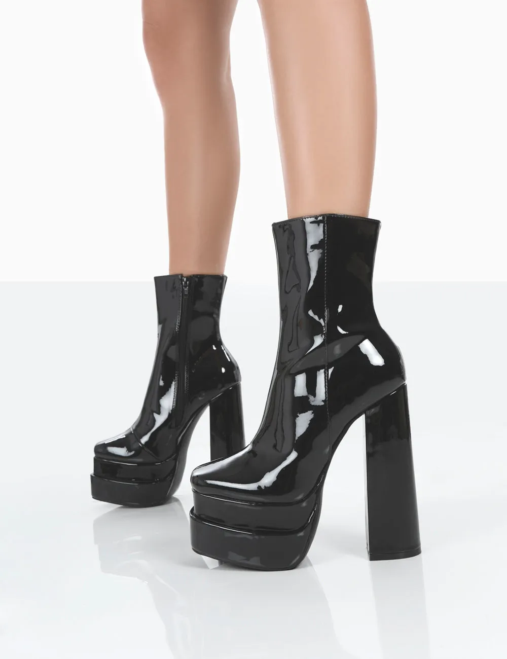 Ankle Boots With Block Heel Leather Supine Wide Fit Black Patent Chunky Platform High Heeled Ankle Boots