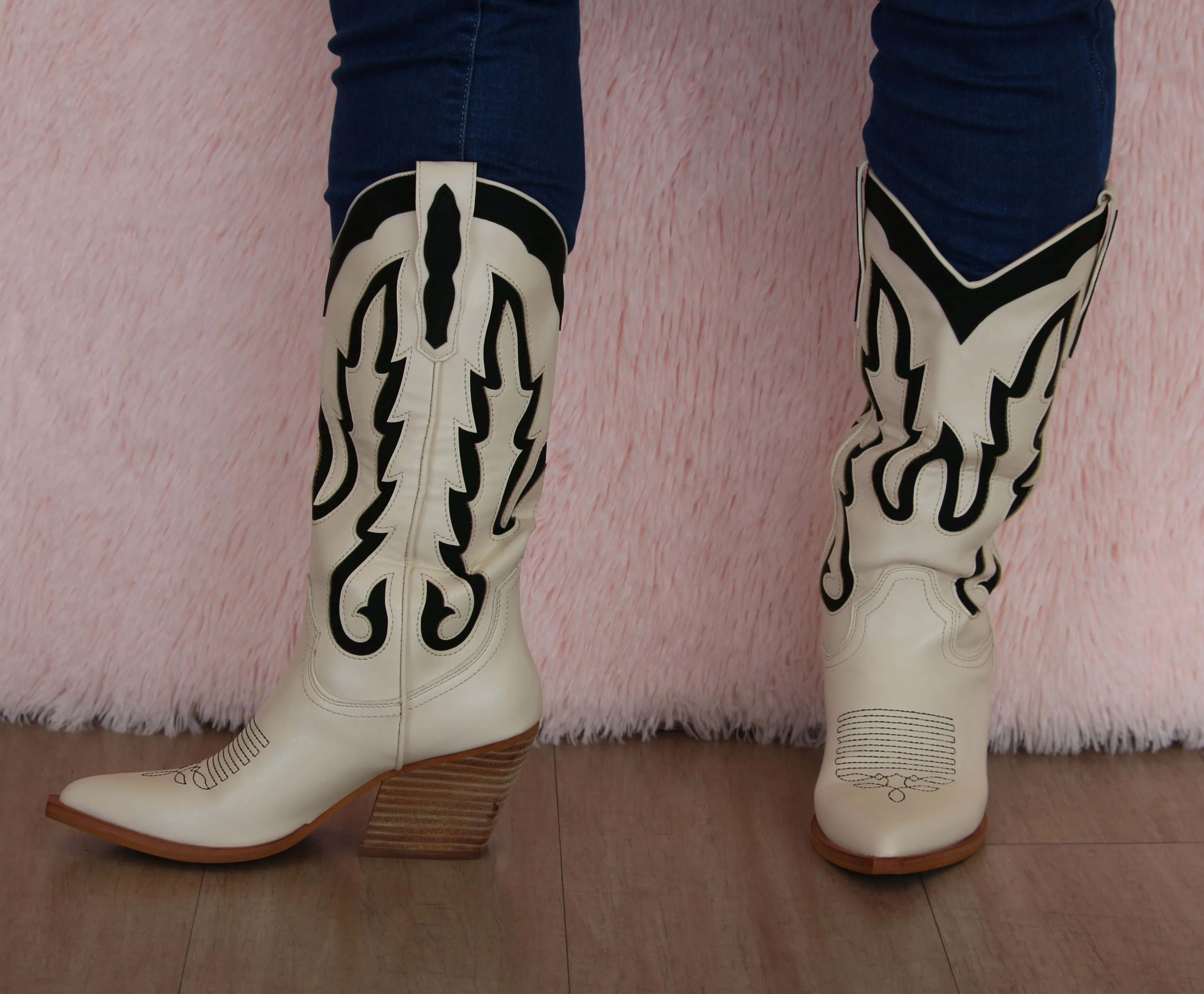 IDA Off White/Black Cowboy Boot Thigh Highs Boots