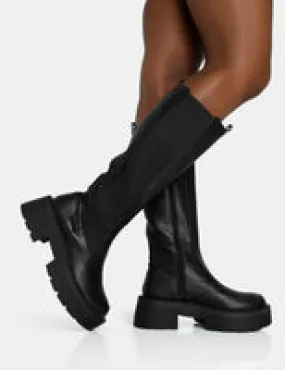 Knee High Leather Lace Up Boots Evergreen Black Pu Wide Fit Knee High Elasticated Detail Chunky Heeled Sole Boots