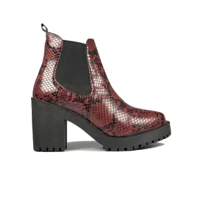'Evie' Boots by Zette Shoes - Burgundy Snakeskin Chunky Rubber Sole Chelsea Boots