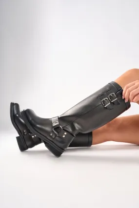 Drawstring Knee High Boots Sirius Black Vintage Wide Fit Buckle Knee Hight Flat Boots