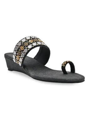 Rocia By Regal Black Women Hand Embroidered Ethnic Wedges Block High Heel Sandals