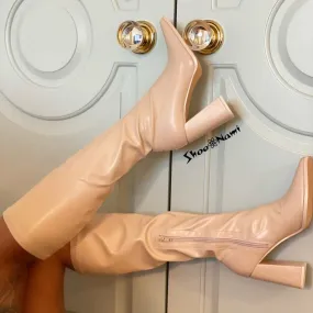 ALEX-2 Cream Knee High Leather Boots Pointed Toe