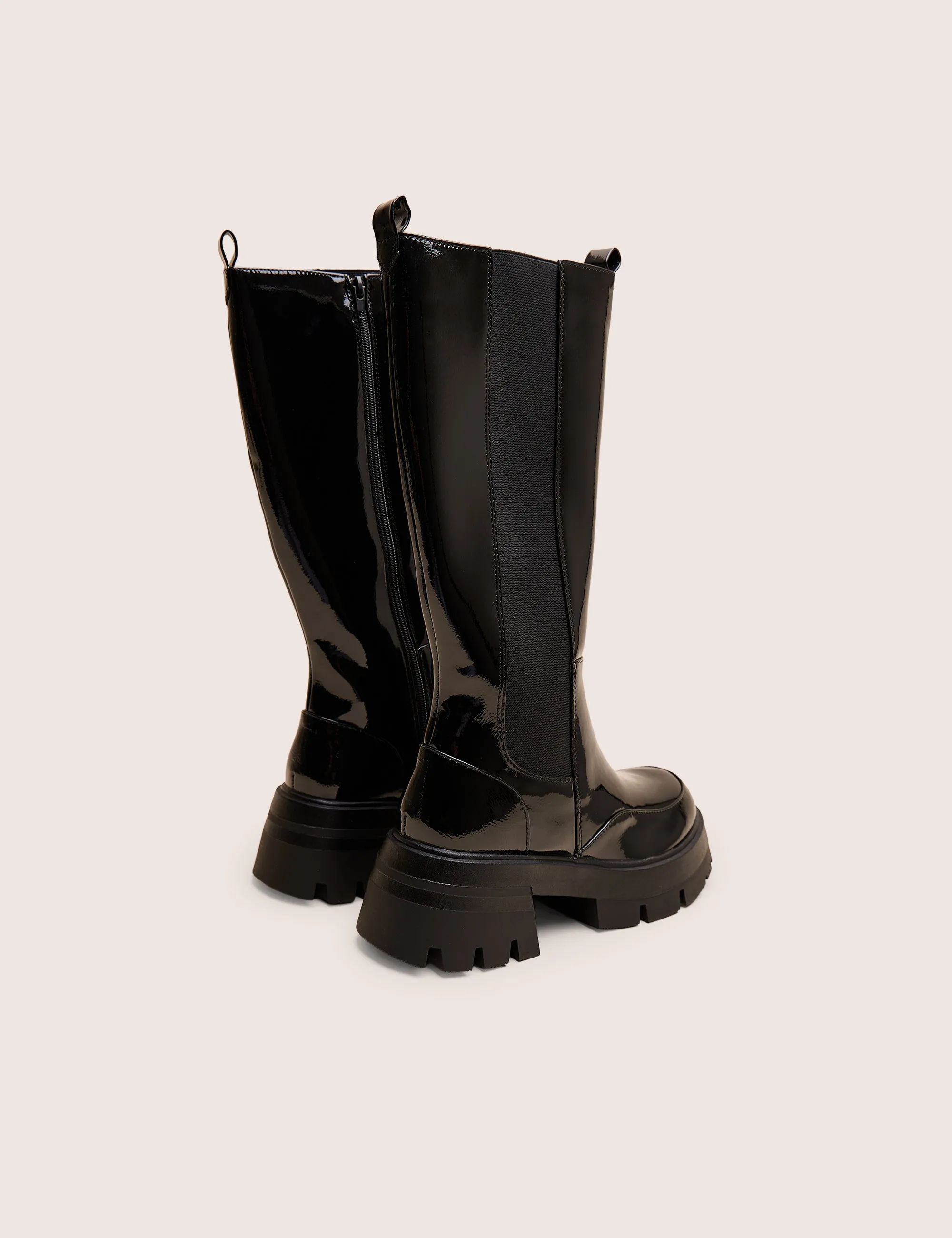 Bryant Black Patent Chunky Sole Elasticated Knee High Boots Riding Knee High Boots