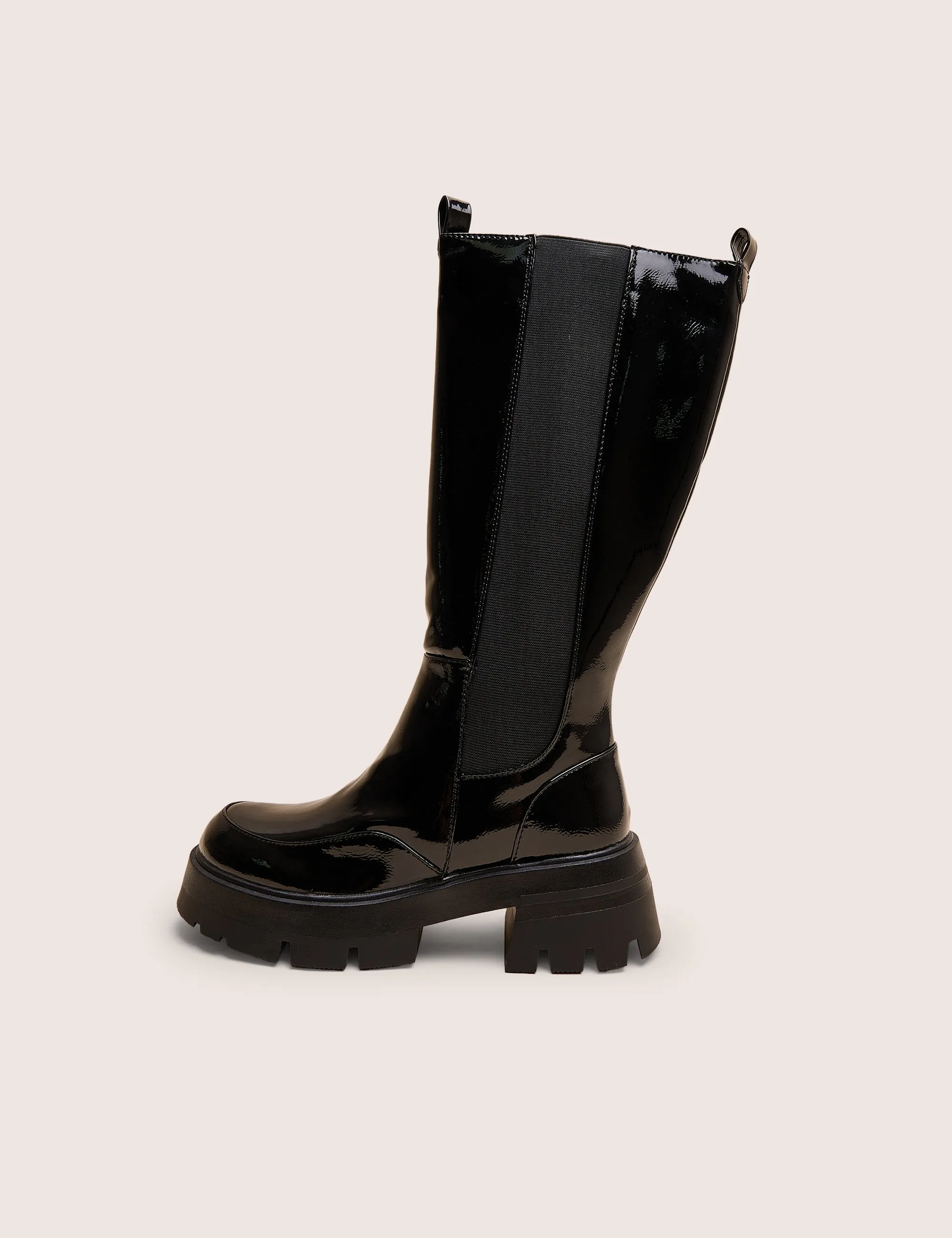 Narrow Knee High Boots Bryant Black Patent Chunky Sole Elasticated Knee High Boots