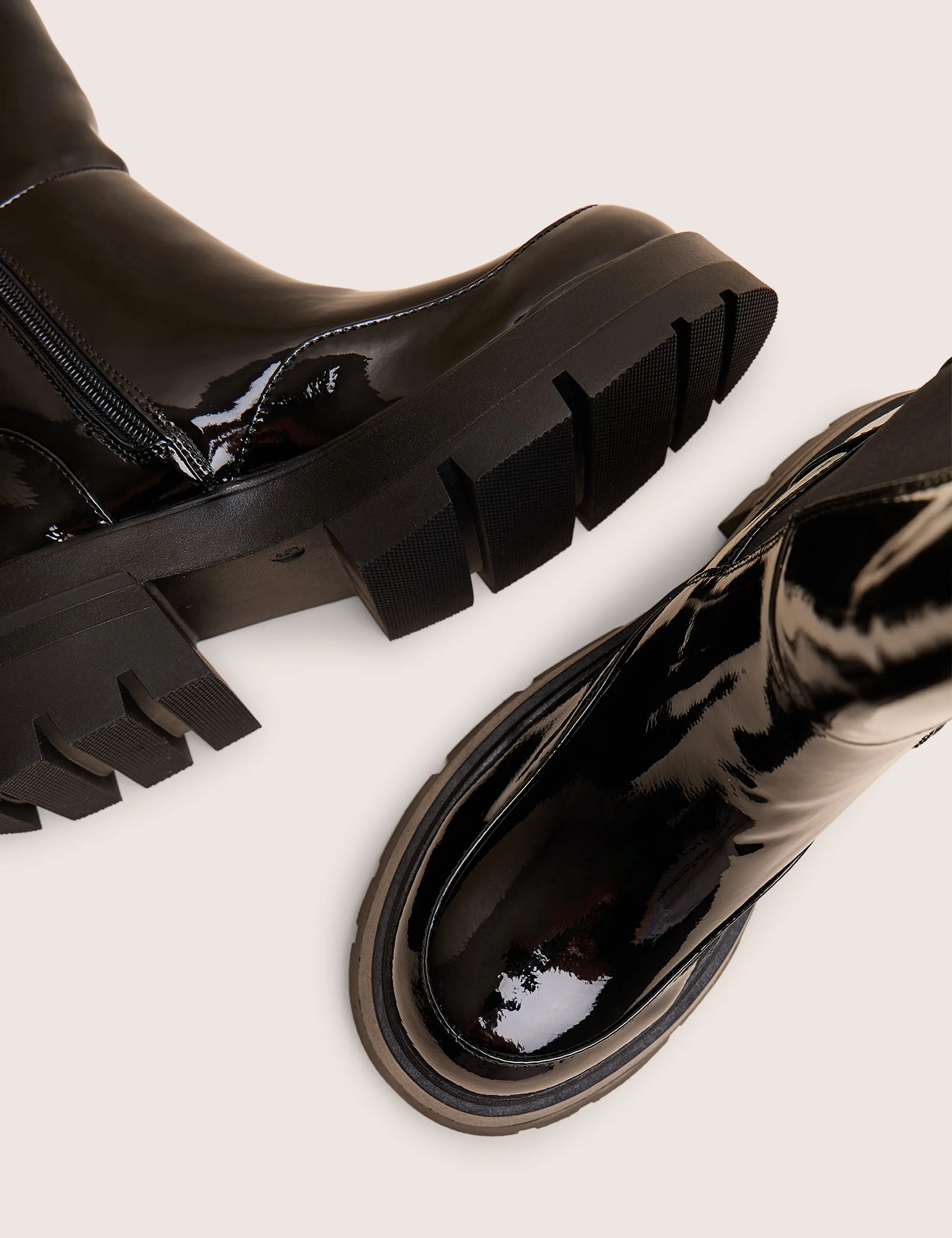 Bohemian Knee High Boots Bryant Black Patent Chunky Sole Elasticated Knee High Boots