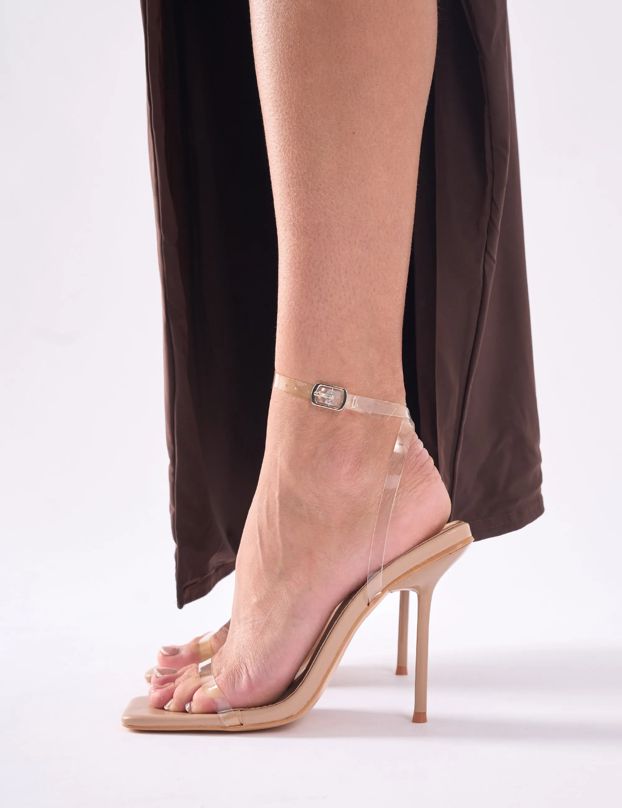 Rya Nude Perspex Mirror Square Toe Strappy Barely There Stiletto High Heels Wedge Heel Boots Knee High
