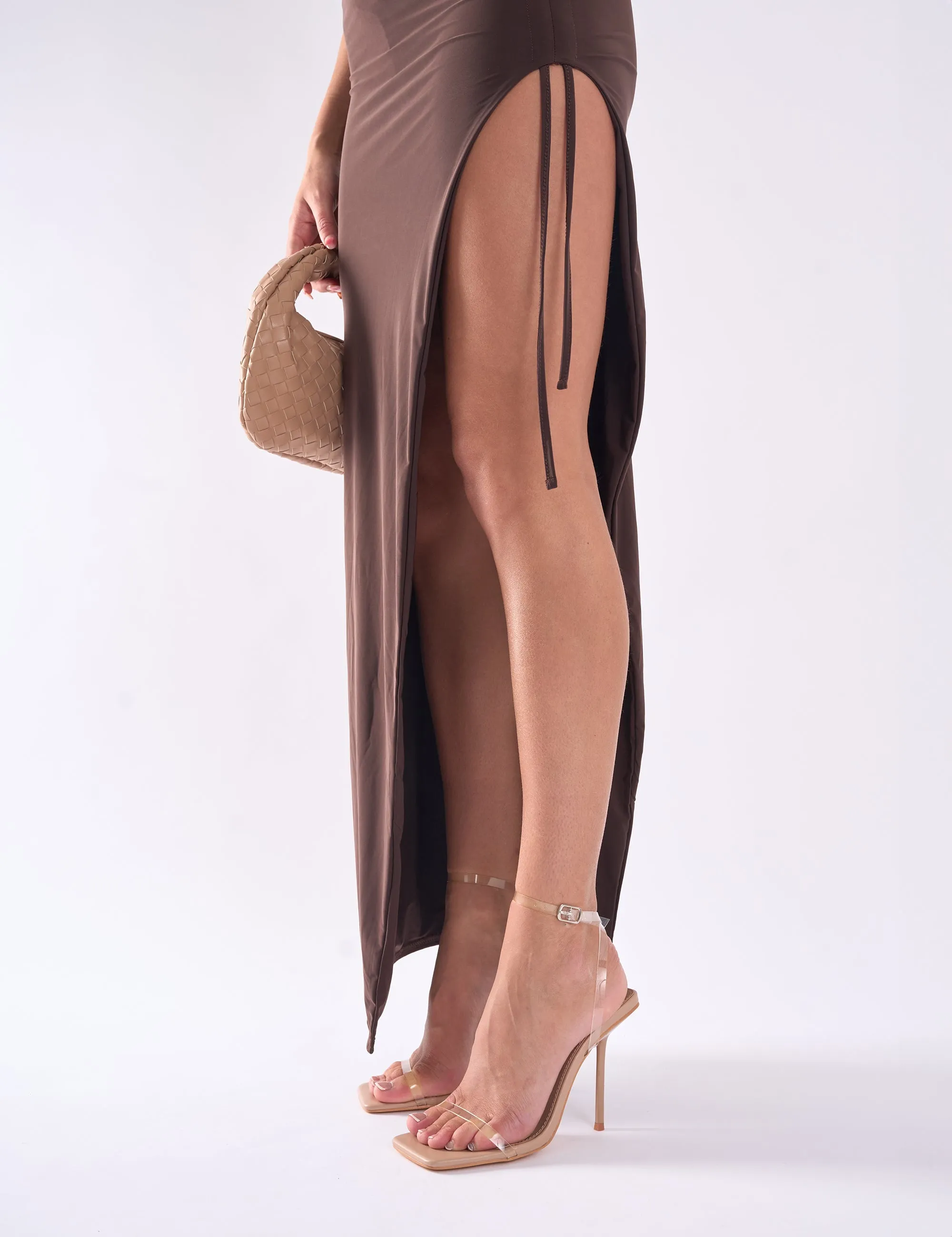 Rya Nude Perspex Mirror Square Toe Strappy Barely There Stiletto High Heels Strappy Heels