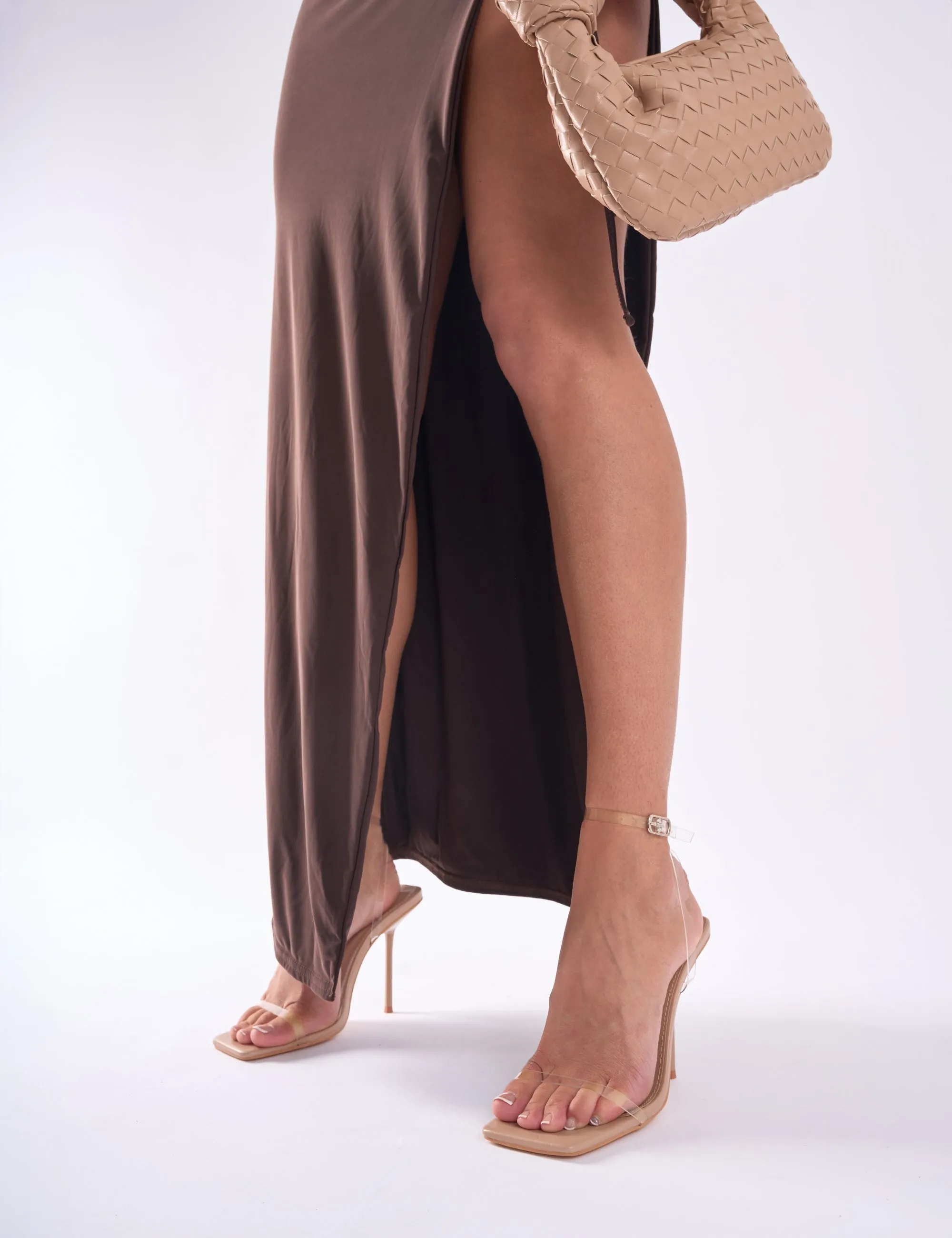 High Heeled Platform Ankle Boots Rya Nude Perspex Mirror Square Toe Strappy Barely There Stiletto High Heels