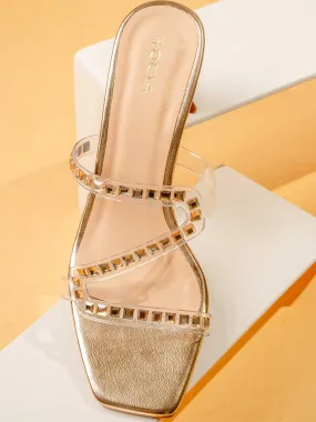 Rocia By Regal Gold Women Diamond Embellished Kitten Heel Sandals High Heel Leather Boot