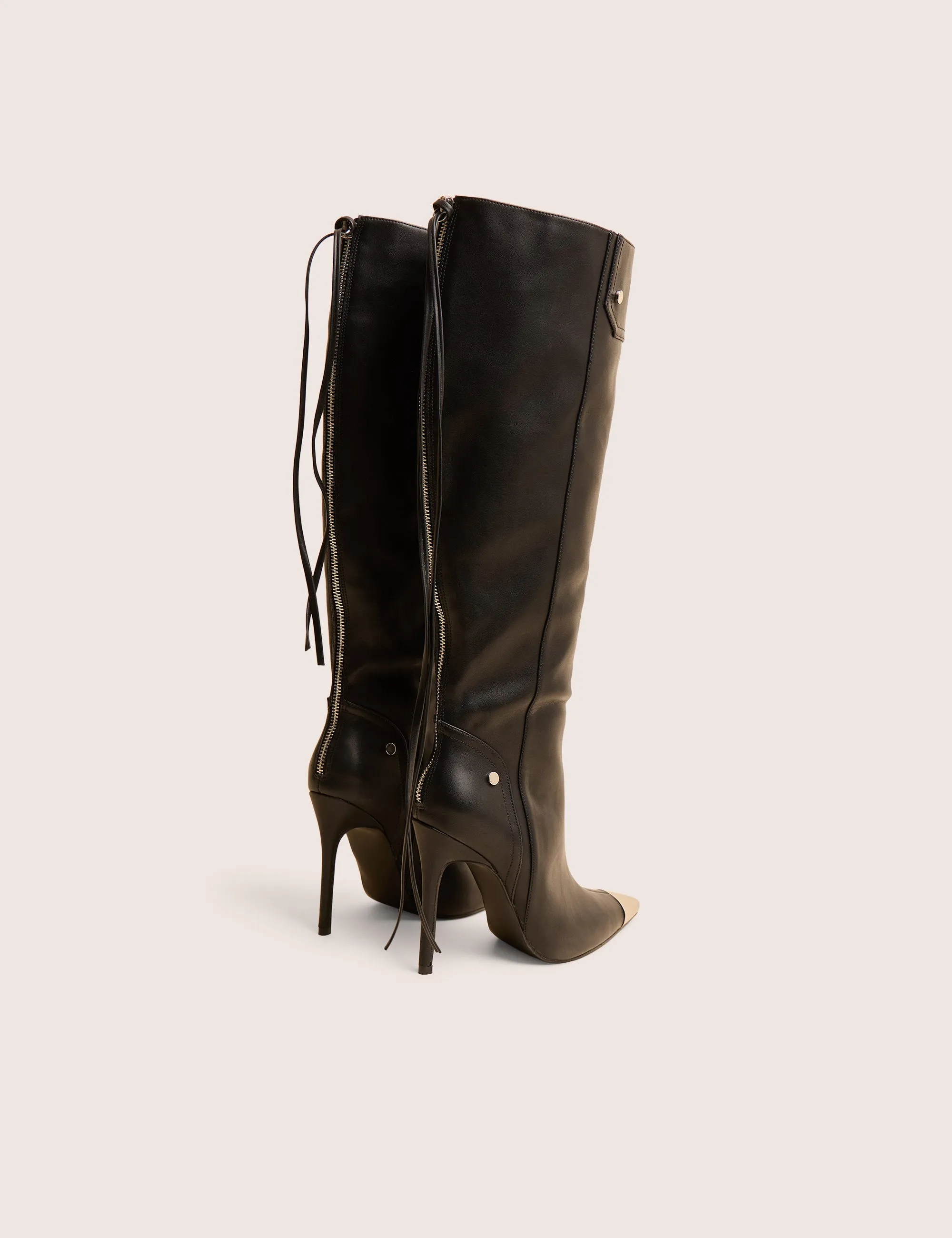 Wide Calf Leather Knee High Boots Finest Black Toe Cap Detail Pointed Knee High Boots