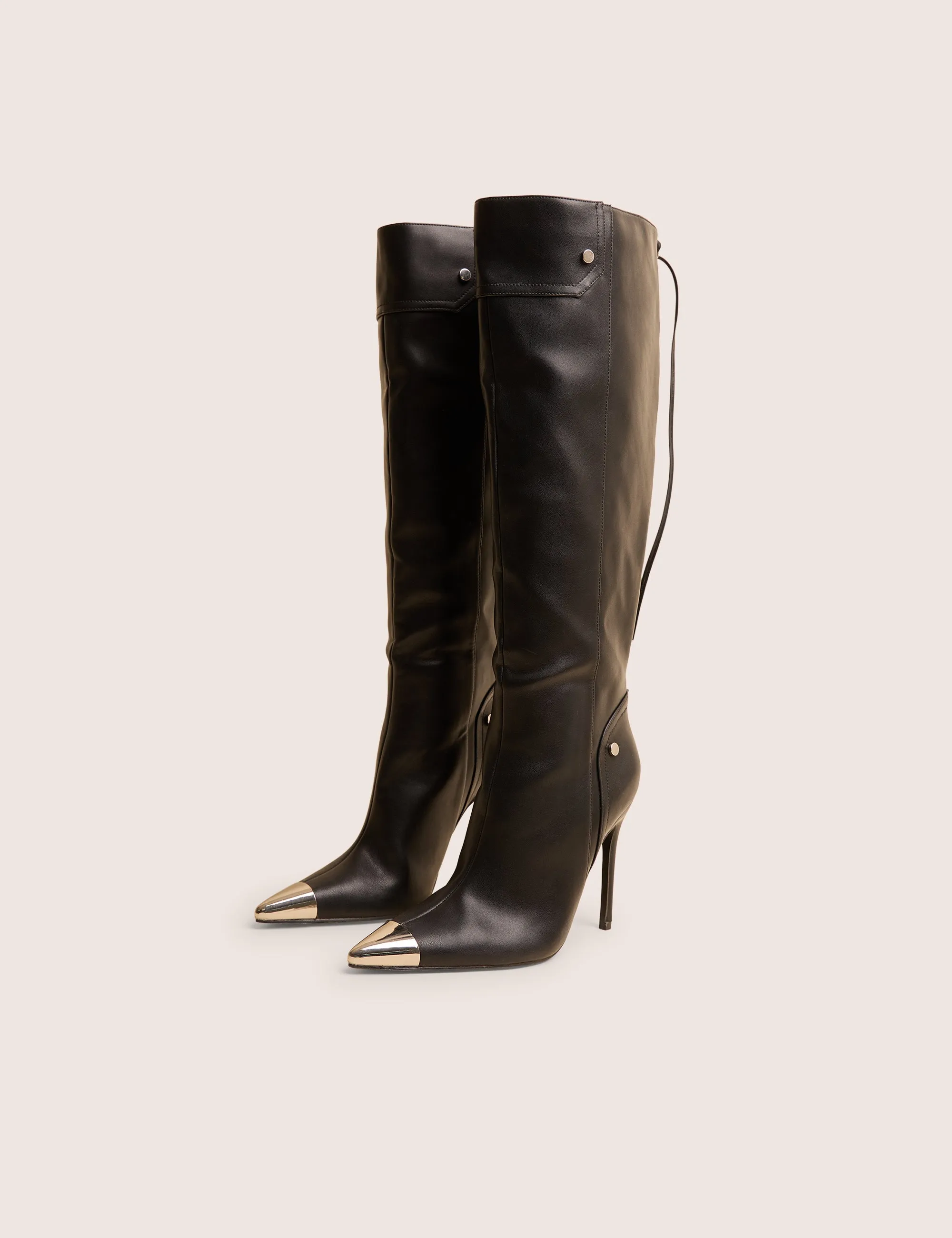 Finest Black Toe Cap Detail Pointed Knee High Boots Knee High Boots That Don't Fall Down