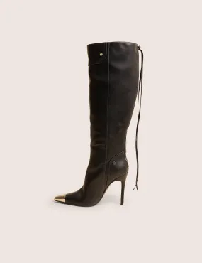 Finest Black Toe Cap Detail Pointed Knee High Boots Knee High Square Toe Boots