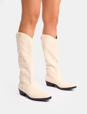 Knee High Boots Near Me Apollo Cream Brown Stitch Flat Western Knee High Boots