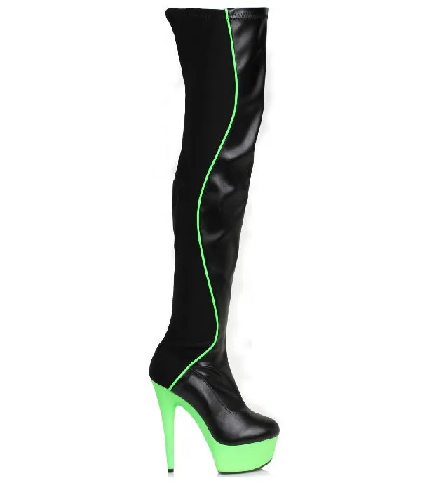 Shaped Like High Heel 6" Half-Stretch Black-light Platform Thigh Boot (ES609-UNIQUE)