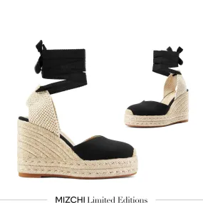 *Monaco 10 - Black Wedge Espadrilles High Heels With Removable Heel