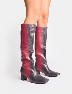 Tamira Red Ombre Block Heel Knee High Boots Rhinestone Knee High Cowgirl Boots