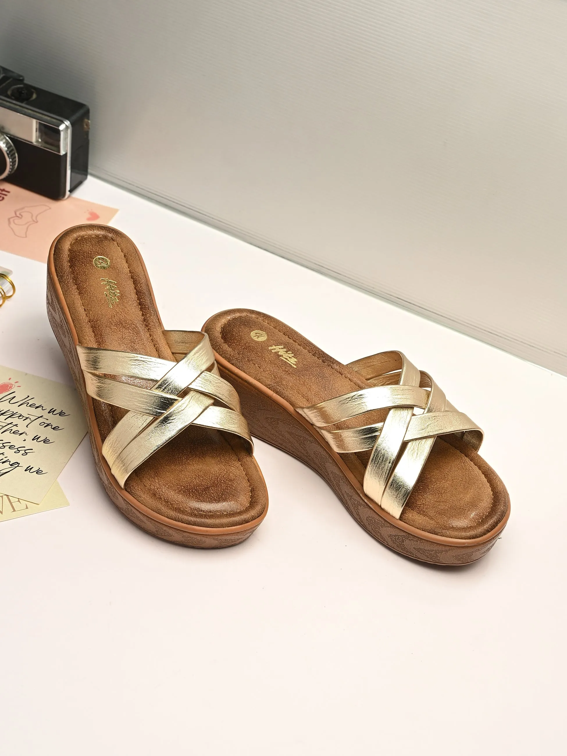 Houndstooth High Heels Kaiva Wedge Cross Slippers