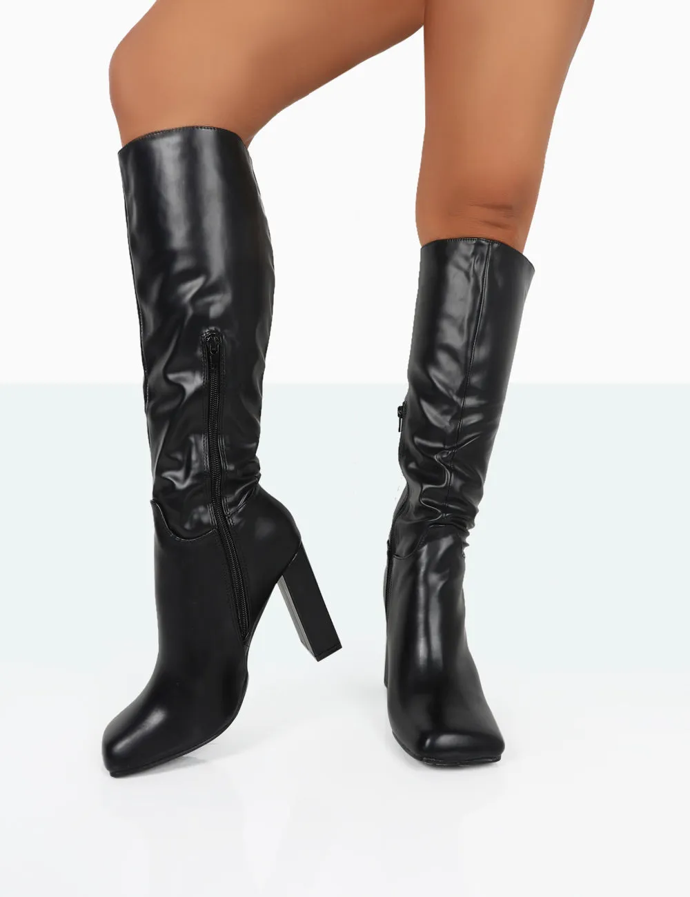 Gia Black Box PU Square Toe Block Heel Knee High Boots Are Knee High Boots In Style Fall 2024