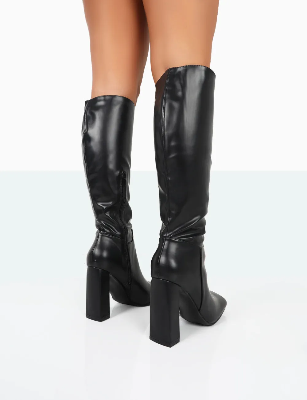 Gia Black Box PU Square Toe Block Heel Knee High Boots Knee High Platform Pump Boots