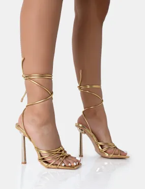 Ankle Strap High Heel Sandals Glow Up Gold PU Knotted Strappy Lace Up Square Toe Stiletto Heels
