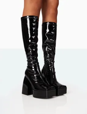 Heartbeat Wide Fit Black Patent Chunky Square Toe Platform Block Knee High Boots Braden Zip Up Suede Knee High Boots