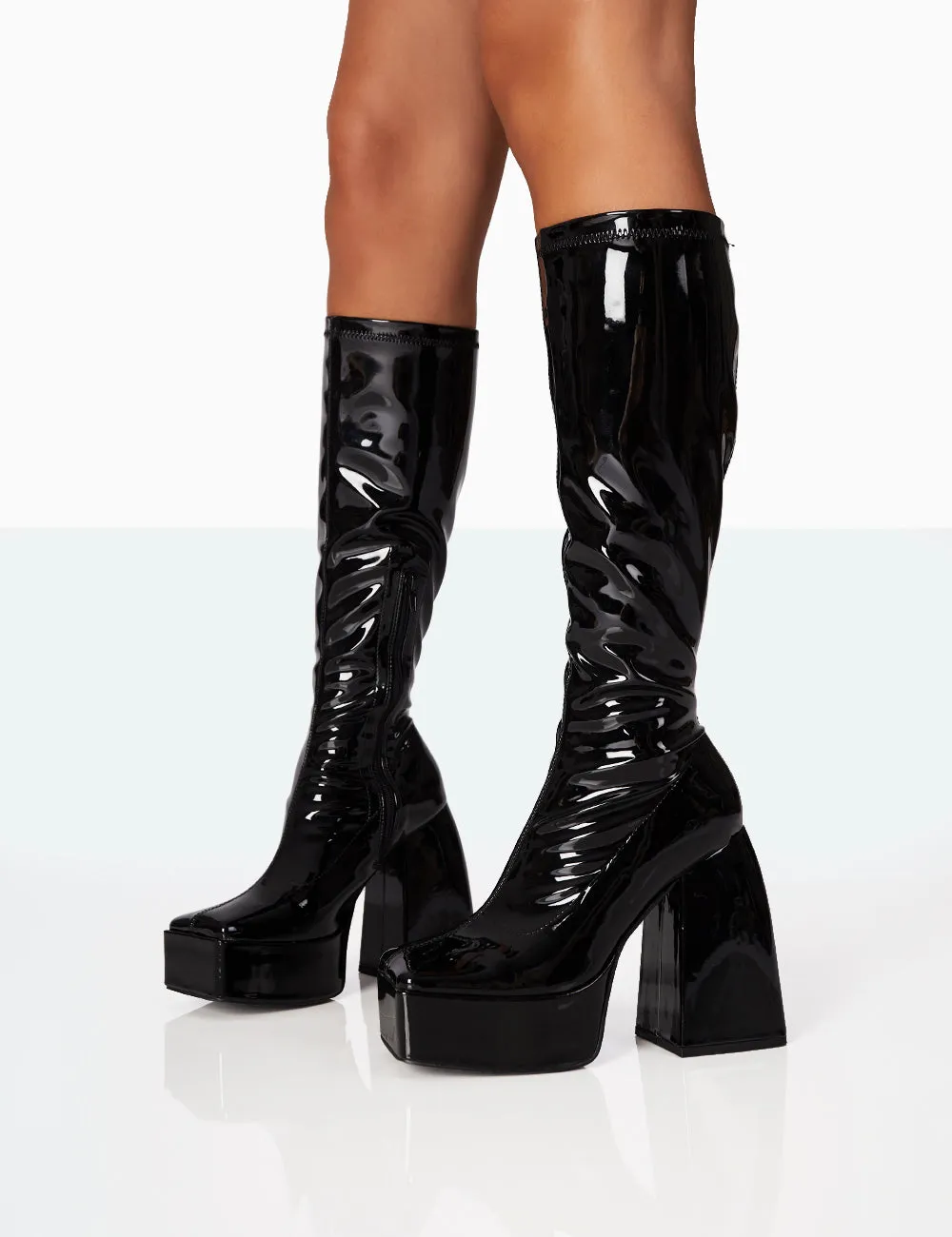 Open Toe Boots Knee High Heartbeat Wide Fit Black Patent Chunky Square Toe Platform Block Knee High Boots